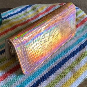Holographic faux snakeskin clutch
